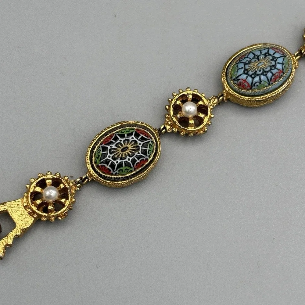 Vintage Renaissance LInk Bracelet Molded Glass Faux Pearl Moroccan